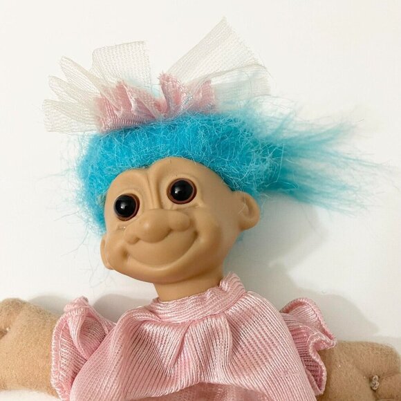 Vtg 1992 Russ Troll Doll Blue Hair Open Bag Stomach Fillable Gift Toy Set 6 Inch - Picture 2 of 16